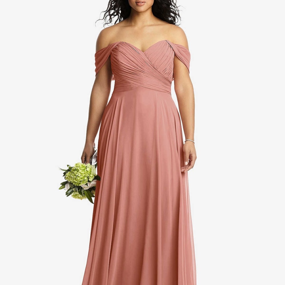 Dessy Collection Full Length Off-the-Shoulder Chiffon Maxi (Desert Rose)